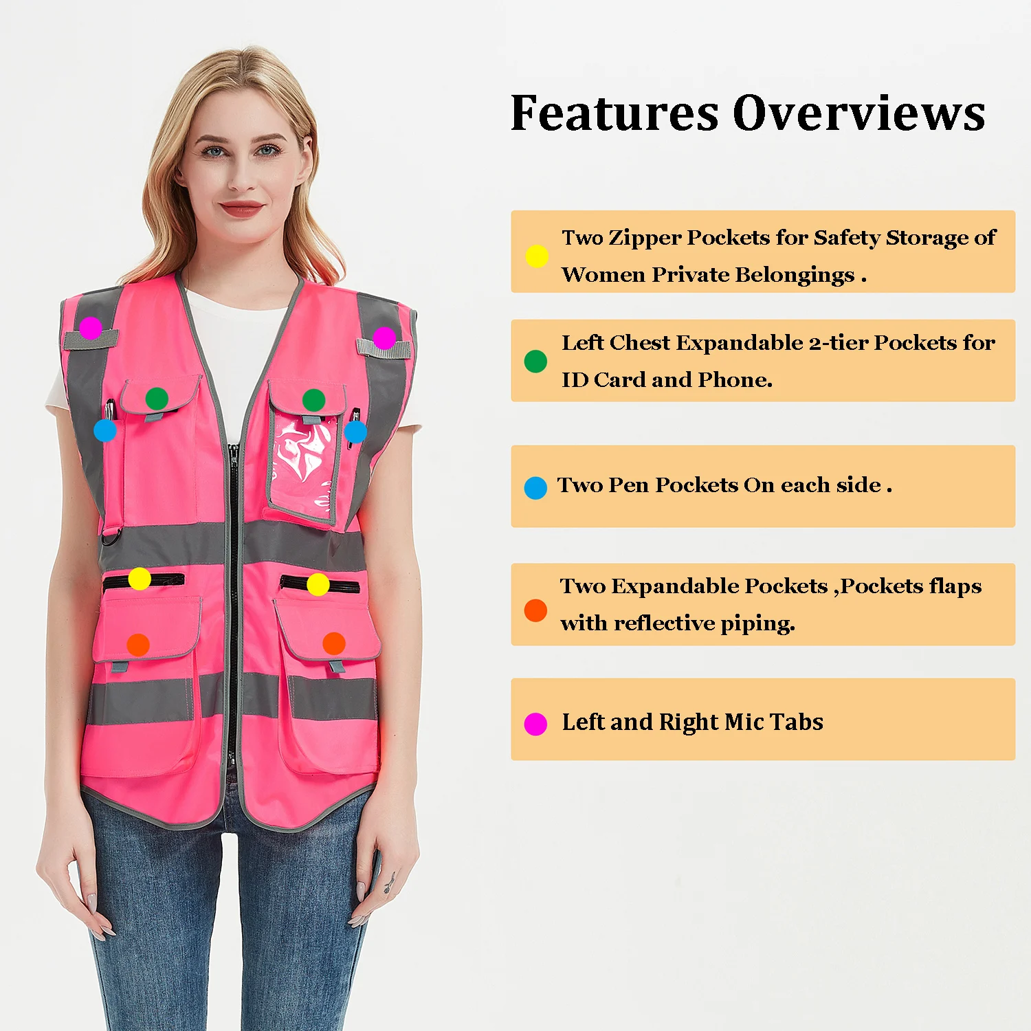 Pink Safety Vests for Women Working Safety Vest with Reflective Strips and Pockets High Vis Work Clothes