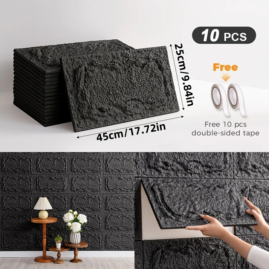 แผ่นผนังหิน 3 มิติแบบติดเอง 10 ชิ้น ความหนา 10 มม. แผ่นผนัง PU ตกแต่งผนัง ขนาด 9.84x17.72 นิ้ว เหมาะสำหรับใช้ภายในและภายนอกอาคาร