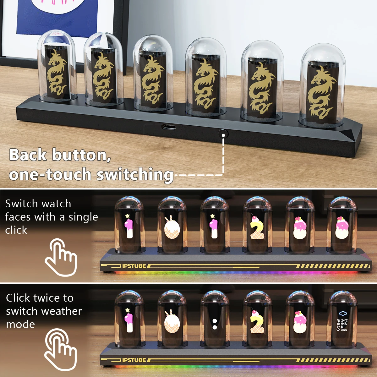 RGB Nixie-Röhren-Uhr mit IPS-Farbdisplay, Vollfarbige Neon-Glühröhre, Zeit-, Foto- und Wetteranzeige für Desktop-Dekoration – Detail 5