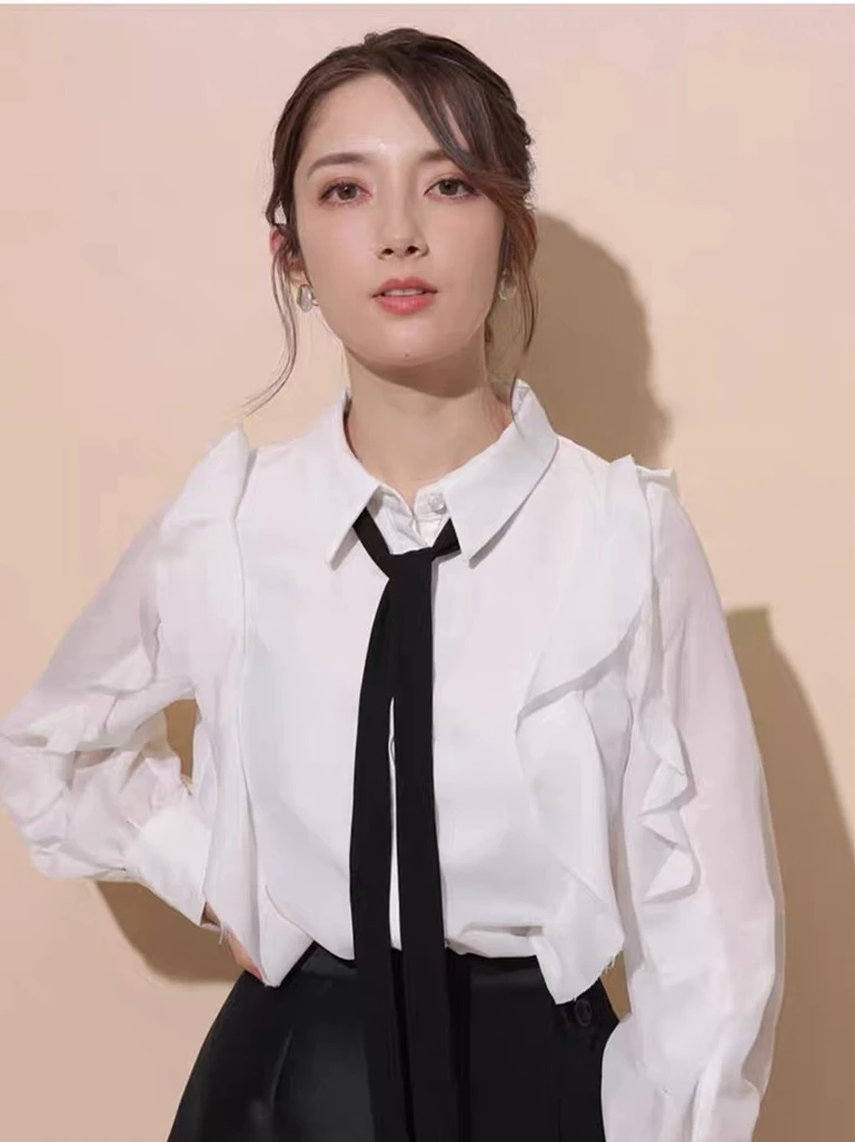 

Элегантная рубашка в студенческом стиле с бантом и кружевными рукавами, новая осенне-зимняя женская модная дышащая блузка с длинным рукавом