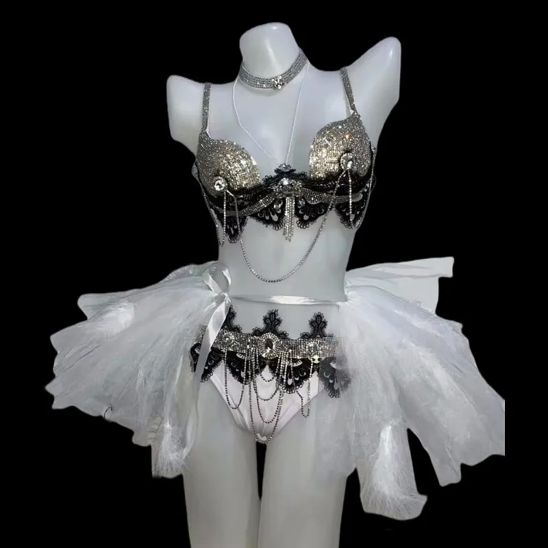 Sexy Nightclub Club DJ Gogo Dance Costume Sparkly Rhinestones Bikini Gauze Mini Skirt Music Festival Rave Outfit Show Stage Wear
