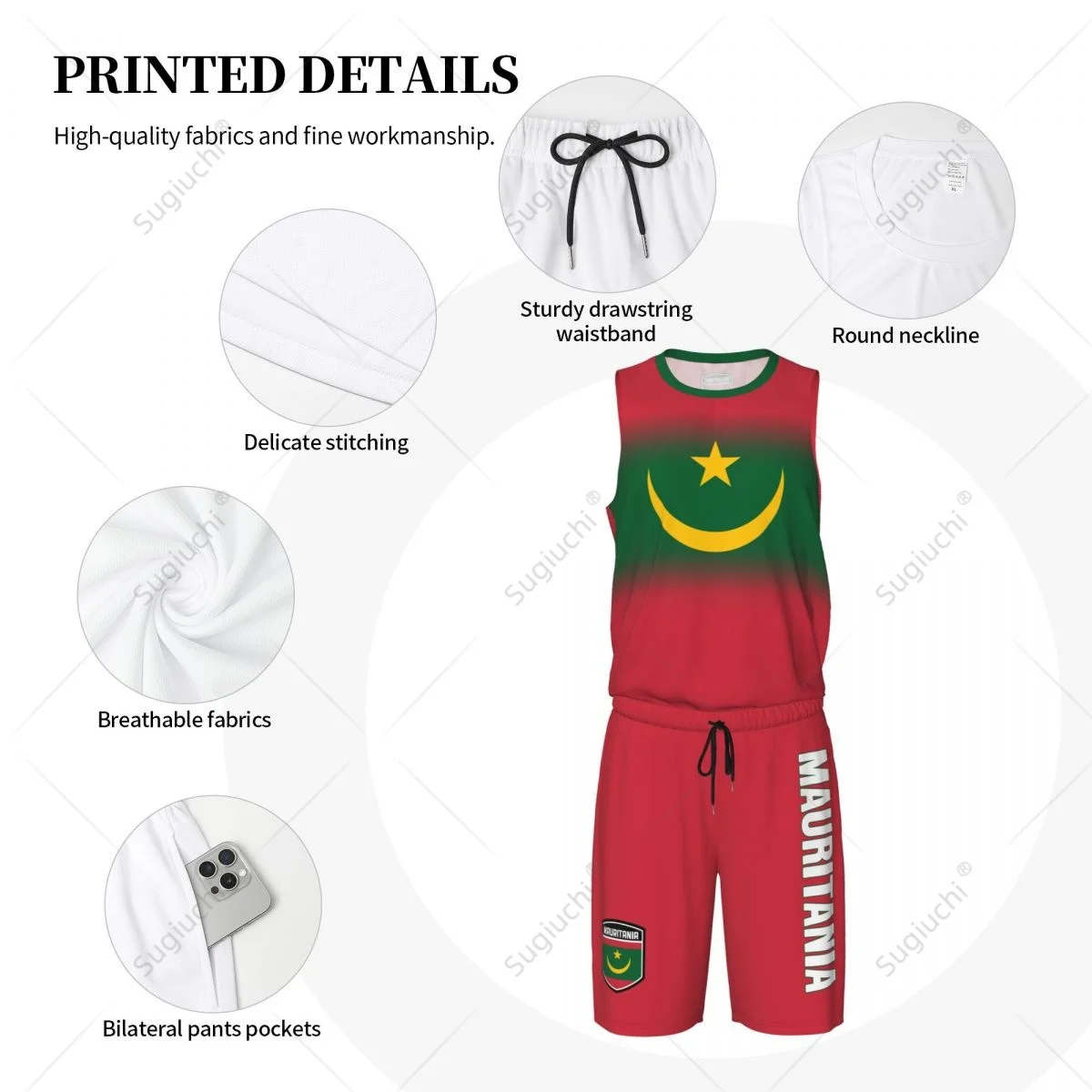 Herren-Basketball-Trikot-Set mit Mauretanien-Flagge, Netz-Shirt und Hose, ärmellos, exklusives Team-up, individueller Name, Nunber, Unisex