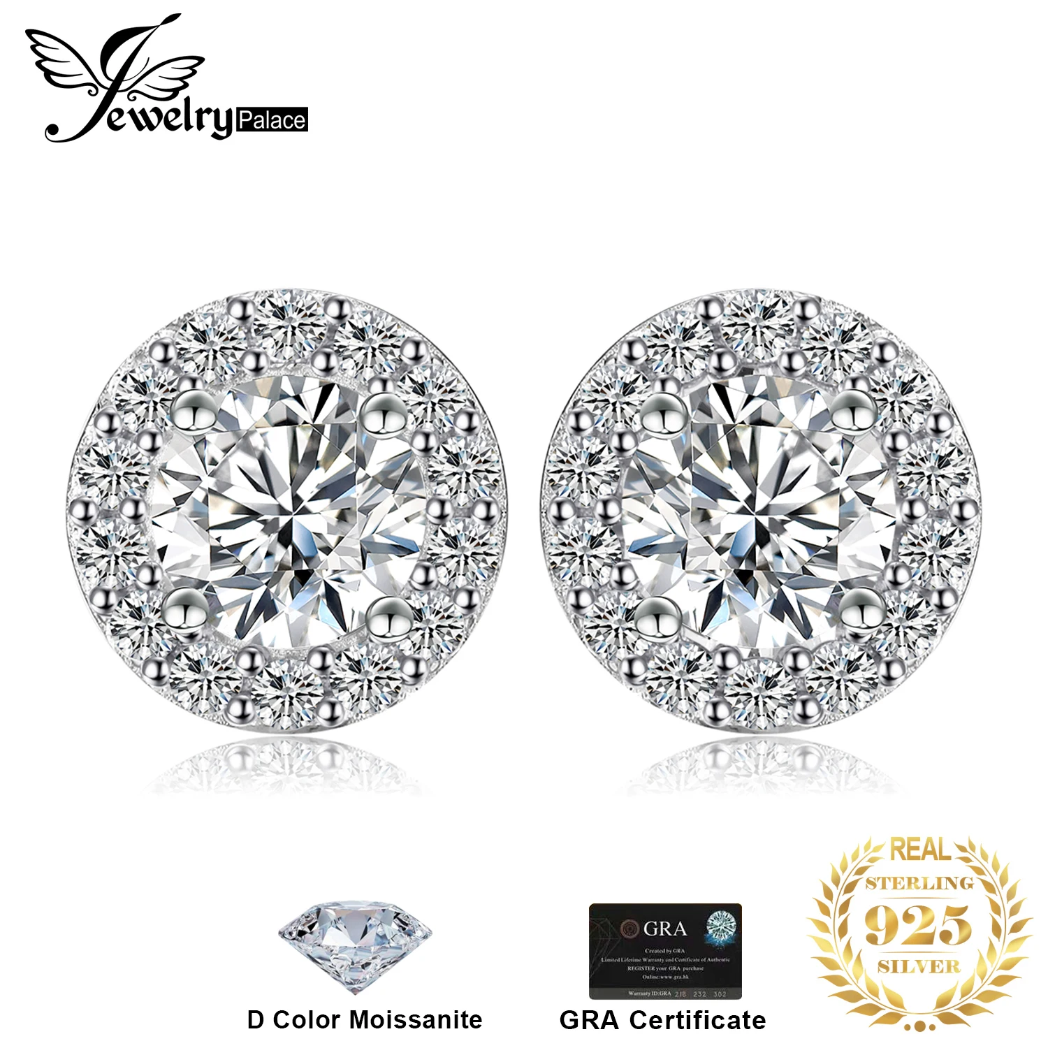 JewelryPalace Moissanite D Color Total 1ct Round 925 Sterling Silver Halo Stud Earrings for Woman Yellow Gold Rose Gold Plated