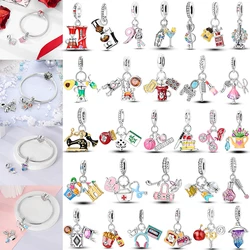 925 Sterling Silver Plated Food Cake Charm - Hamburger Coffee Beer Bead for Original Bracelet Bangle Jewelry Making Accessories