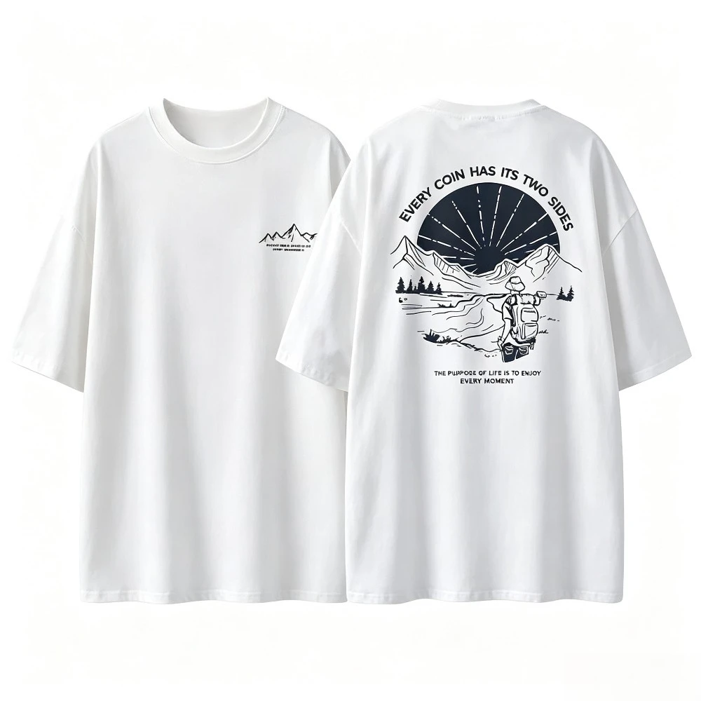 Men  Hiker Graphic T-Shirt Every Coin Has Its Two Sides Letter Print Short Sleeve Tee  Outdoor Adventure Streetwear T Shirt