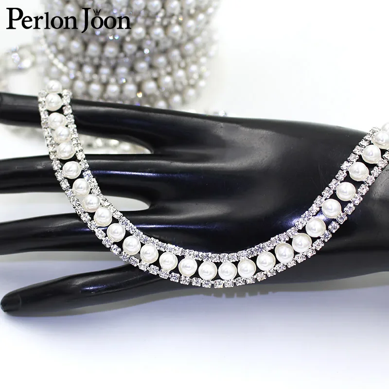 1 Yard White Pearl Rhinestone Trim Ribbon Crystal Silver Pearl Flat Chain Bridal Wedding Dress Decoration Accessories ML150