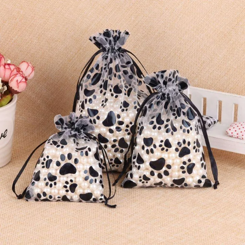 10/25/50Pcs Black Cat Paw Pattern Chiffon Jewelry Bag Suitable for Gift Candy Packaging Dimensions 8x10/10x15/13x18cm