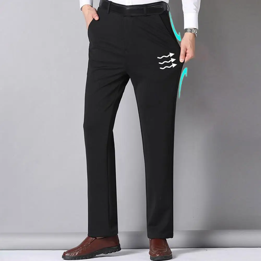 Men Straight Pants Warm Plush Men's Suit Pants Stylish Business Trousers with High Waist Deep Crotch Cozy Pockets Men Fleece