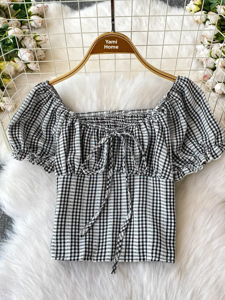 

Plaid Bubble Sve T-irt Top with Lace Patchwork High Waist Slimming ort Skirt Two-Piece Set Square Collar Knot Design
