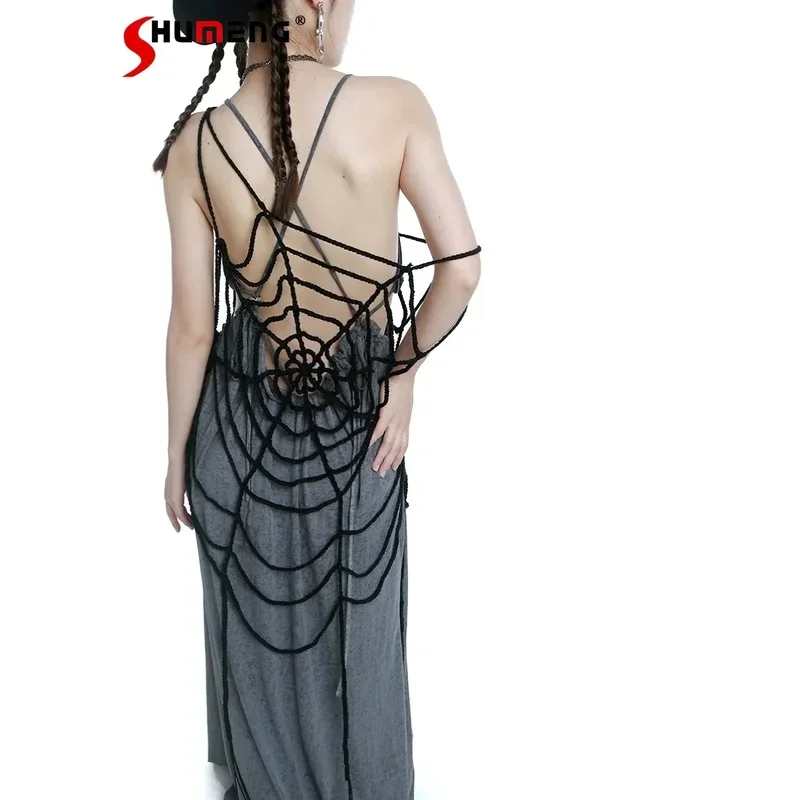 고딕 손으로 짠 거미줄 탑 여성 술 긴 겹치는 캐미솔 레드 블랙 펑크 고스 홀 니트 풀오버 조끼 Femme