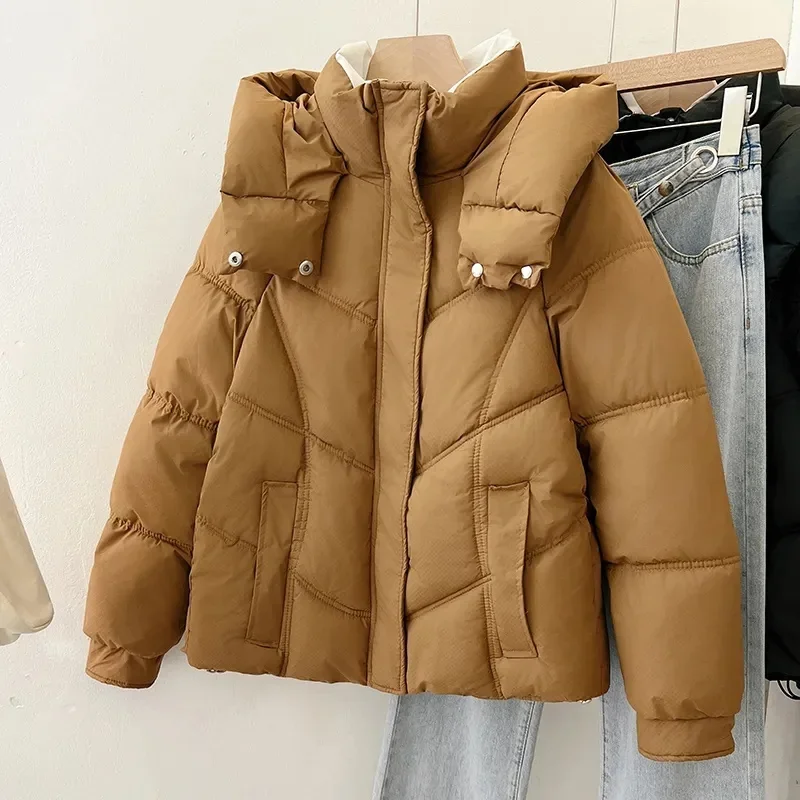 2024 New Winter Cropped Cotton Padded Parkas Korean Warm Fluffy Hooded Women Parki Jaqueta Thick Drawstring Design Short Outwear