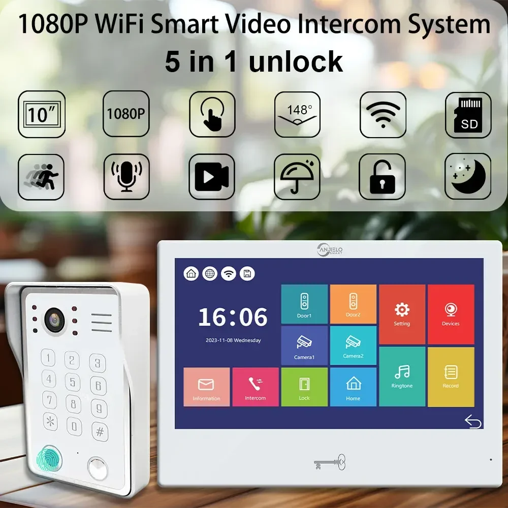 Wifi 1080p campainha kit de vídeo porteiro para proteção segurança em casa tuya 10 Polegada campainha da porta impressão digital cartão senha 5in1 desbloquear