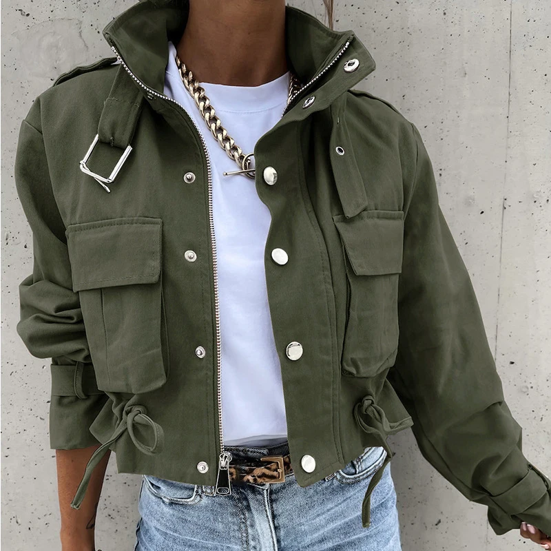 Women Cropped Cargo Jacket Stand Collar Zip Button Long Sleeve Coat Multi Pocket Drawstring Streetwear Casual Short Outerwear