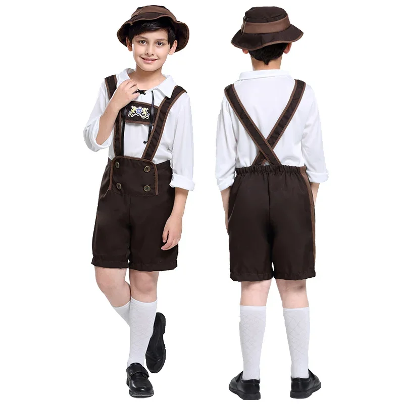 Classic Children Bavarian Lederhosen Oktoberfest Costume German Beer Boys Outfit Hat Top Suspender Shorts Set Halloween Costume