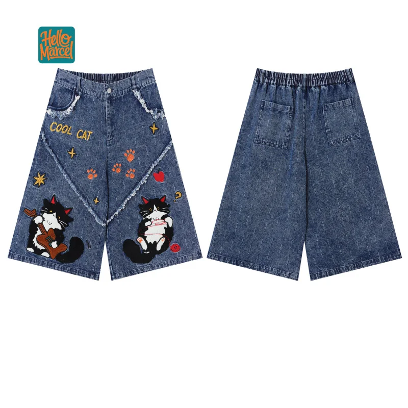 HELLOMARCEL EU US Size Luxury Quality Jean Shorts Street Wear Retro Tassel Small Ripped Hole Kitten Embroidery Denim Shorts