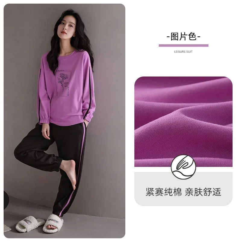 Pajamas Ms. Pure Cotton Spring and Autumn Round Neck Pullover Can Be Worn Outside Loungewear Spring and Autumn Two-piece Suit