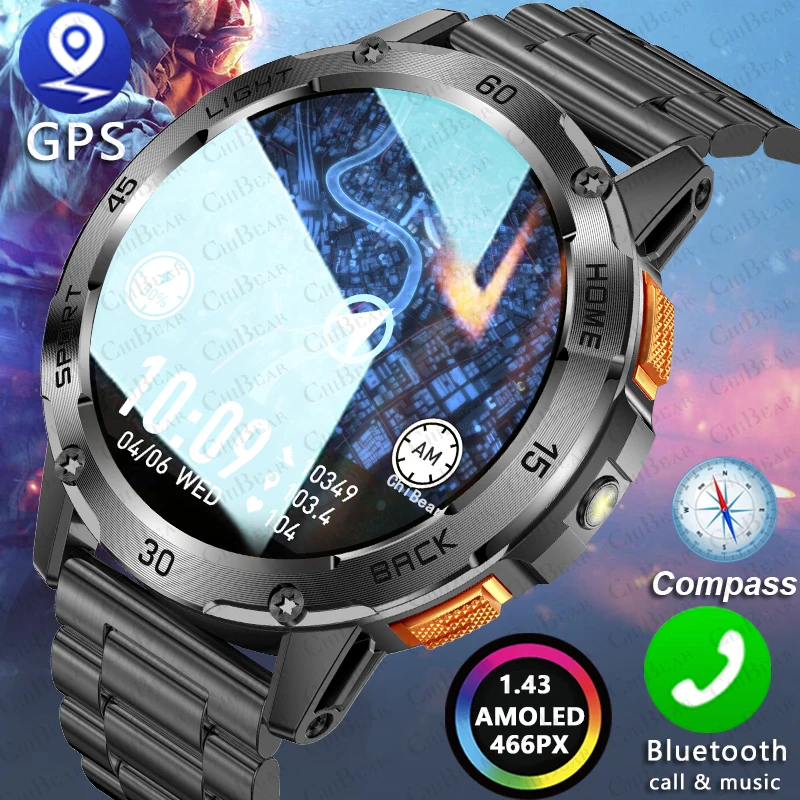 الرياضة في الهواء الطلق GPS ساعة ذكية مقياس الارتفاع في الهواء الطلق بارومتر شاشة AMOLED المدمج في GPS والبوصلة الرياضة العسكرية Smartwatch الرجال