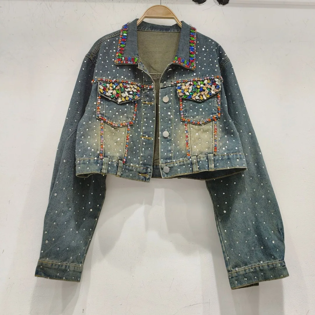 

Thailand Tide Brand 2024 Spring New Heavy Industry Diamond Fried Street Denim Jacket Thin Long-sleeved Top Cross-border Women's