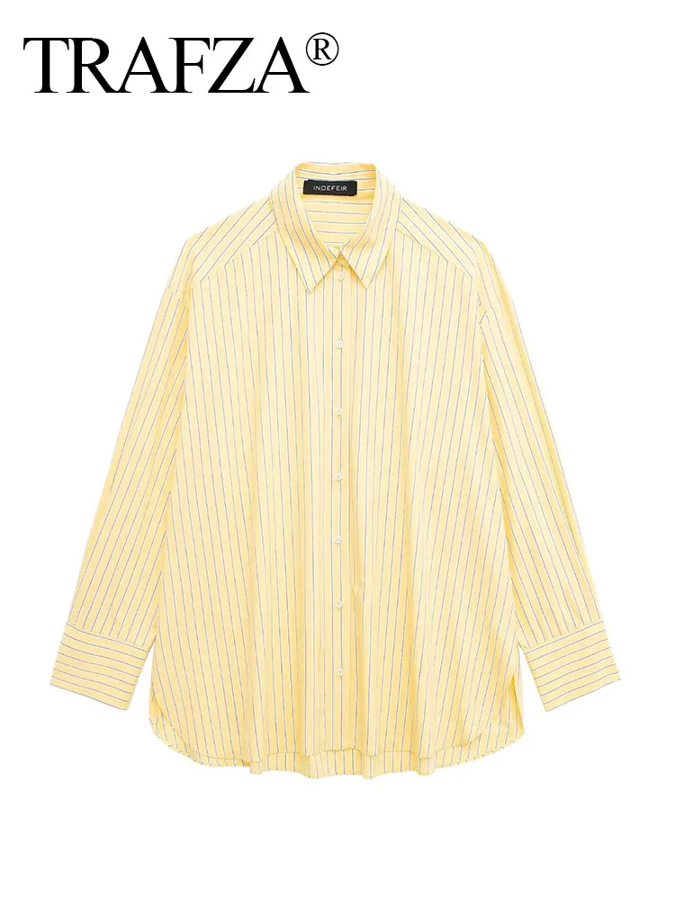 TRAFZA Blouse Women Summer New Fashion Yellow Lapel Striped Single Breasted Shirts Female Chic Casual Loose Simple Shirt TRAF