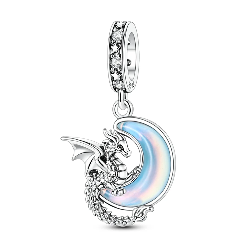 925 Sterling Silber Charms Perle CZ Zirkon Drachen und Mond Anhänger Passend für Original Armband DIY Damen Schmuck Geschenk