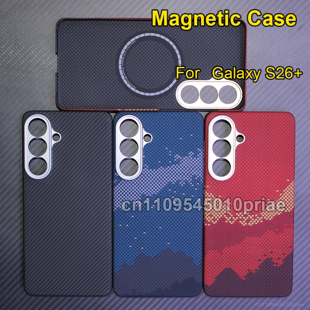 

Carbon fiber aramid magnetic case for samsung galaxy s26+ Kevlar fabric s26plus thin hard Lightweight Cover magnetic balck red