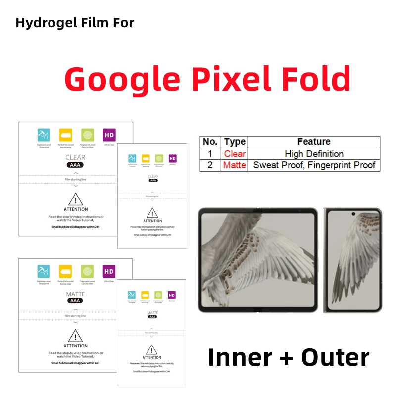 

Внутренняя и внешняя матовая гидрогелевая пленка для Google Pixel Fold, прозрачная защитная пленка, складная защитная пленка для мобильного телефона, HD-защита экрана