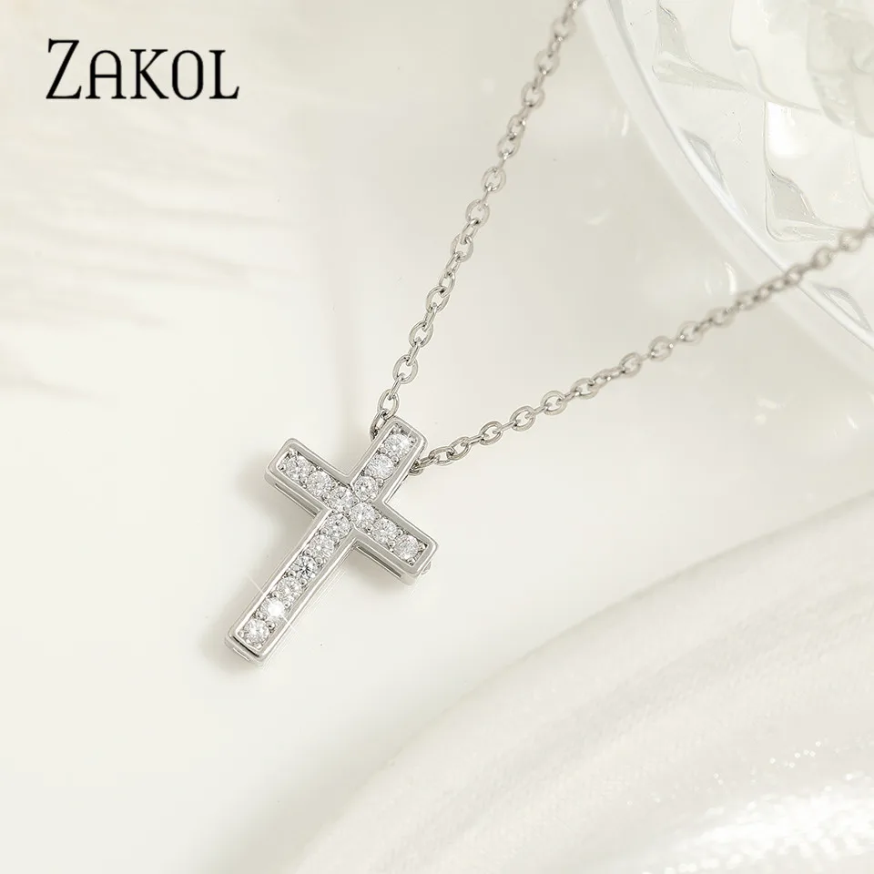 ZAKOL Zircon Cross Pendant Necklaces For Women 2024 Trend Gold Color Clavicle Chain Necklace Fashion Goth Jewelry