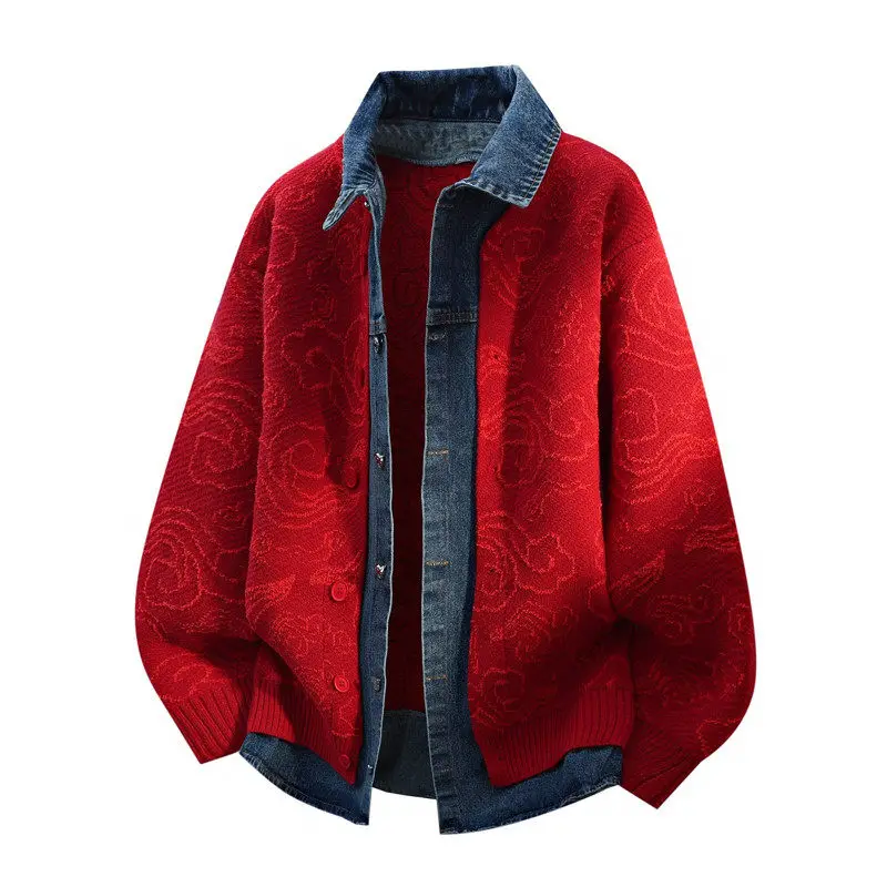 

Autumn and Winter Men's Thick Cardigan Sweater Fake Two-piece Jacket Casual Loose Shirt Collar Coat Suitable for Daily Wear