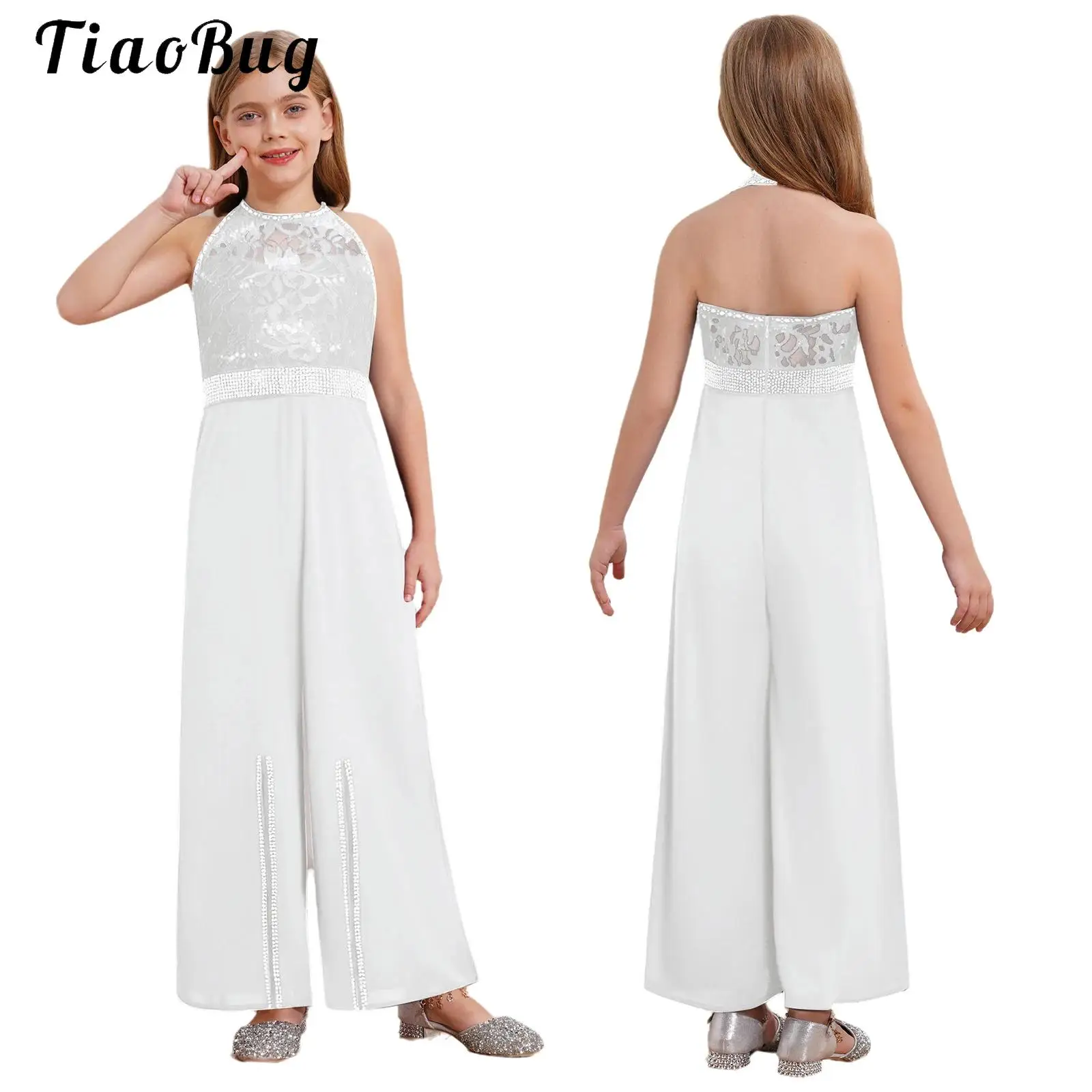 

Kids Girl Lace Jumpsuit Rhinestone Embellished High Waist Wide Leg Occasion Halter Neck Jumpsuit for Party Wedding Pageant Prom