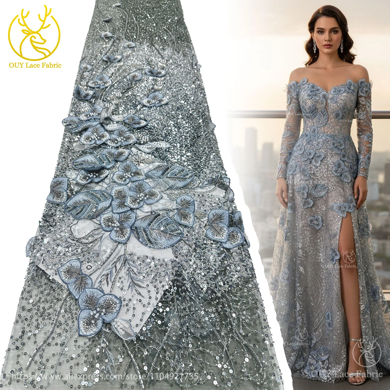 

3D Embroidery Fashion Women Wedding Dress Sewing Material High Quality African Sequins Beaded Lace Fabric for Wedding Party