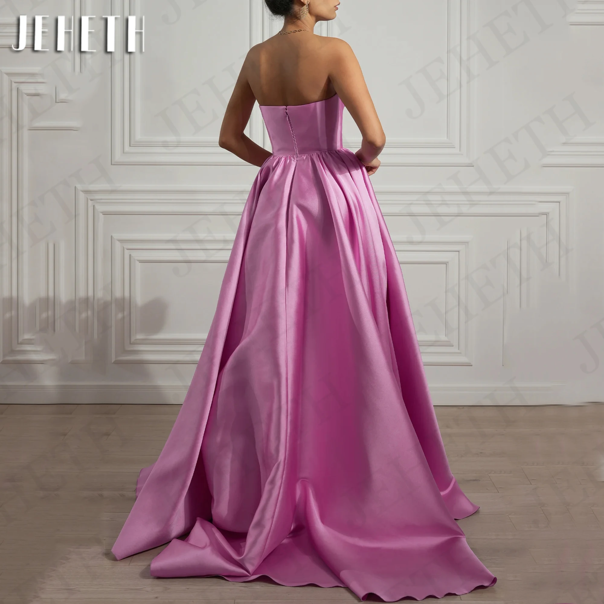 JEHETH Elegant Pink Off The Shoulder Evening Dress Satin Strapless A Line Special Occasion Dresses Sweep Train Woman فساتين سهرة