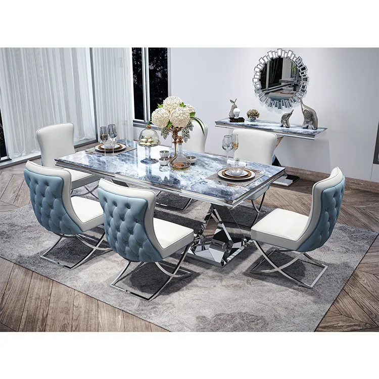 

！@Home Dining Room Furniture Retangular Table Restaurant Manufacturer Dining Set Marble Stainless Steel High Quality Luxury Mode