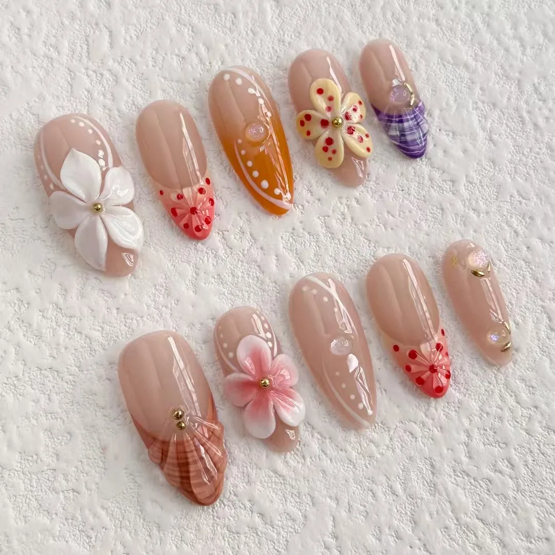 10Pcs Handmade Long Almond Press on Nails Art Party Cute French Flower Fake Nails 3D Pink False Nails with Nail File Set