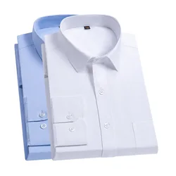 New Cotton Men Classic Long Sleeve Dress Shirt Regular Pocket Fit Formal Business Work Office Casual Button White Social Shirts