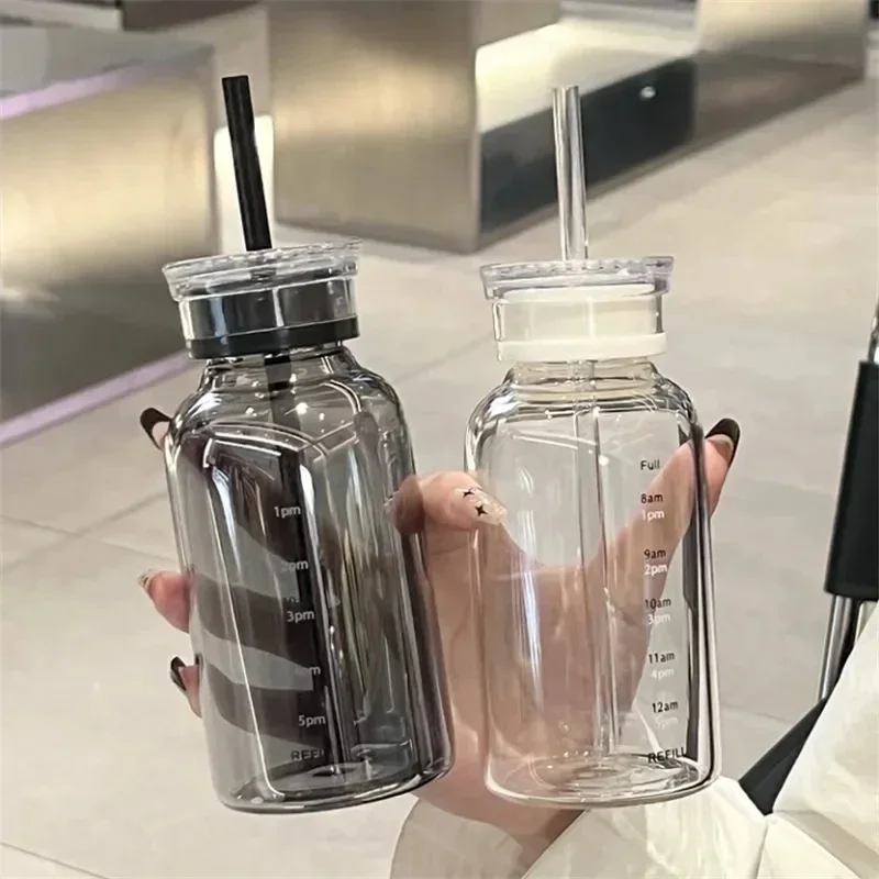 350/550/750ml Glass Transparent Water Bottles with Lid Straw Time Scale Leakproof Drink Bottle Travel Coffee Mug Milk Tea Cup