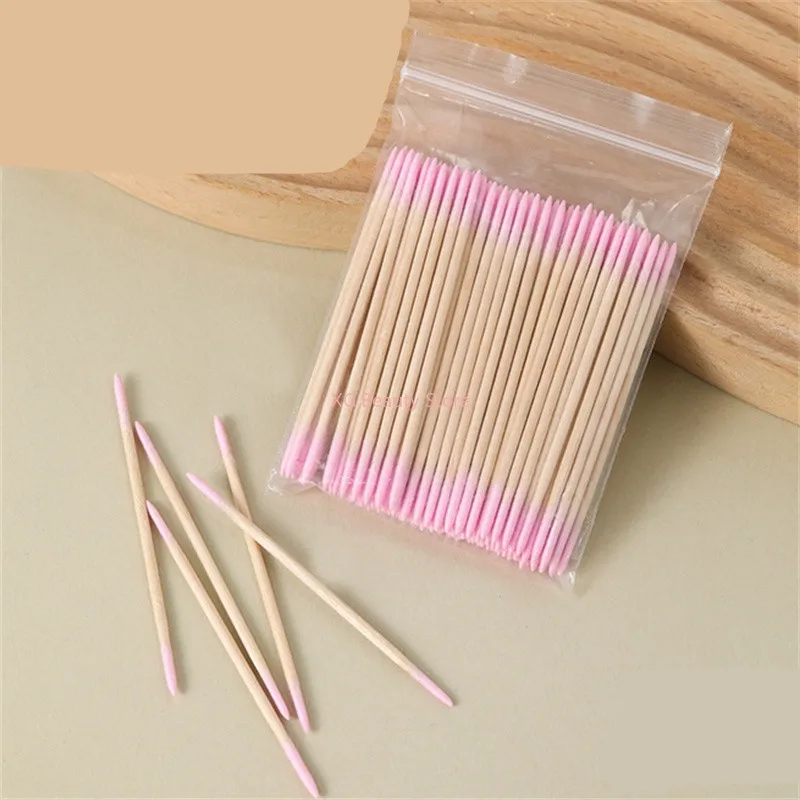 100/200/500PCS Pink Double Head Nails Wood Cotton Swab Clean Sticks Bud Tip Manicure Detail Corrector Nail Polish Remover Tool