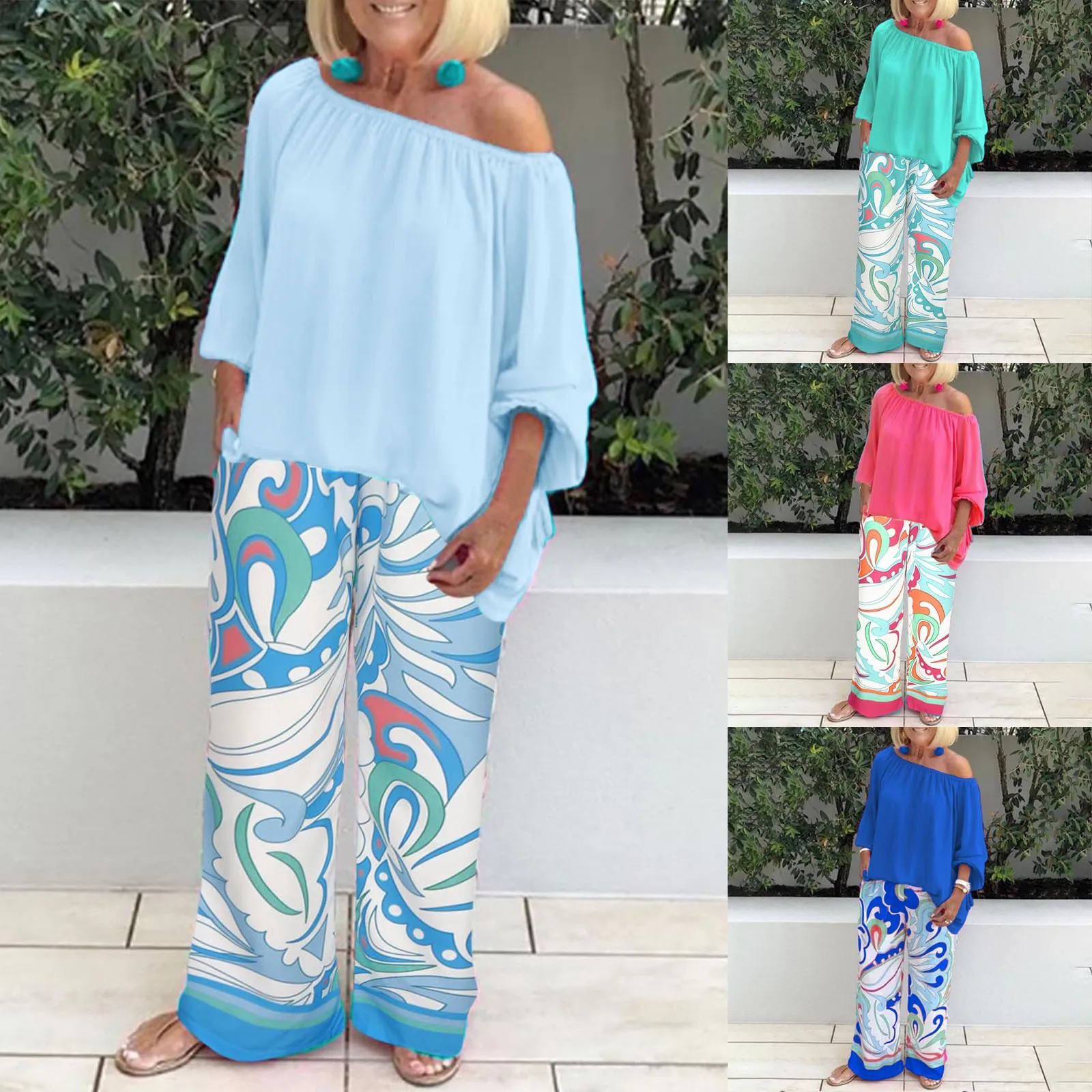 

Женский Повседневный костюм из двух предметов, Свободный Топ на одно плечо с длинным рукавом и широкие брюки с принтом, костюмы для женщин, свадебное платье