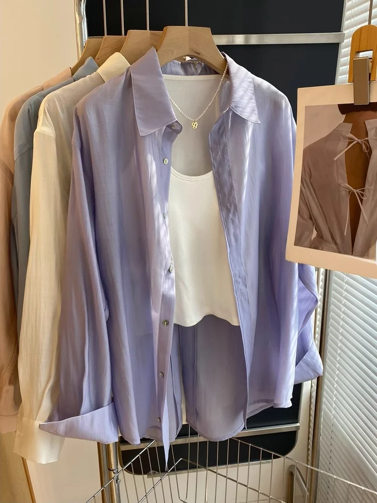 

Loose Korean Style Sun Protection Purple Back Button Silk Shirt Women Summer Thin Medium Long Chiffon Top Commute Fashion