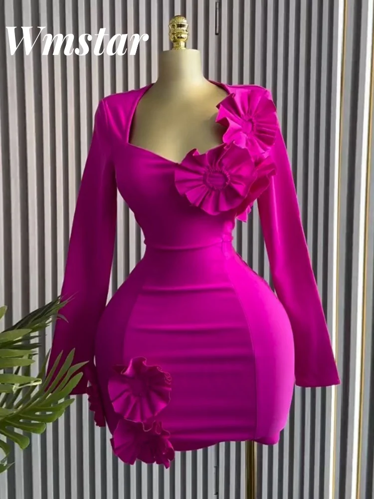 Wmstar Kleider Frauen Elegante Blume Dekoration Langarm Süße Büro Dame Midi Kleid Frühling Kleidung Großhandel Dropshipping