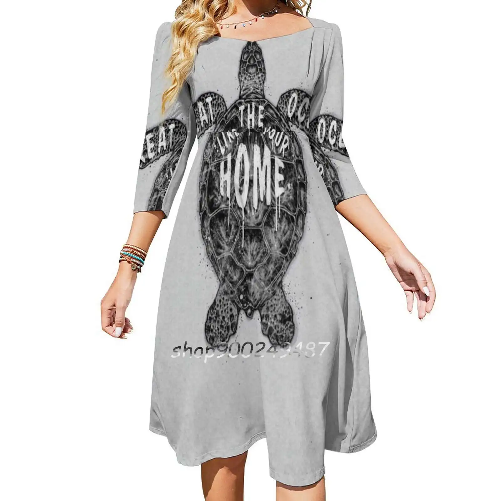 Ocean ( Monochrome ) Dresses For Women A-Line Korea Style Slim Long Sleeve Dress Climateactionrb Type Animals Ocean Typographic