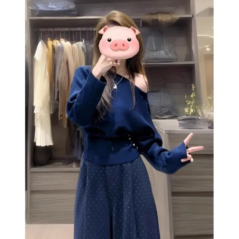 

Плиссированные пуловеры с открытыми плечами, темпераментные, простые, женская одежда, элегантные свитера с длинными рукавами, модные корейские