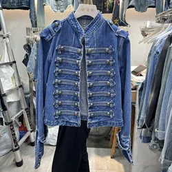 Retro Military Style Handsome Stand Collar Denim Jackets Female Double-breasted Old Wild Slim Short Denim Jackets Outerwear