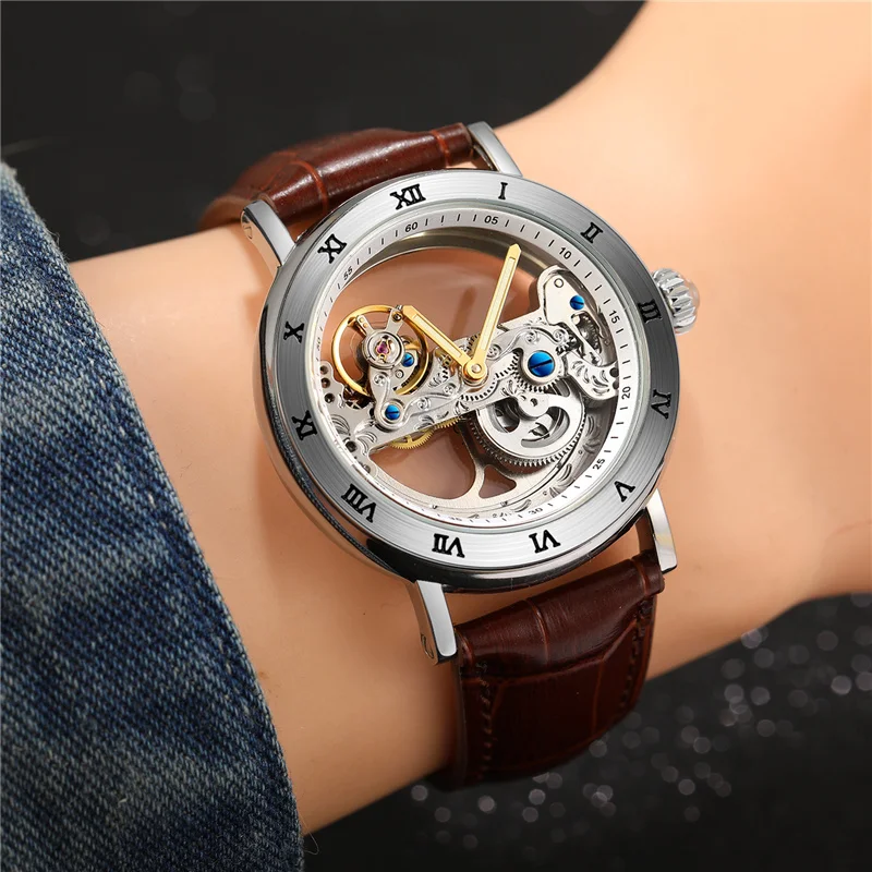 Forsining 208S Fashion Transparent Skeleton Mechanical Watch Men Leather Waterproof Luminous Hands Steampunk Automatic Watches