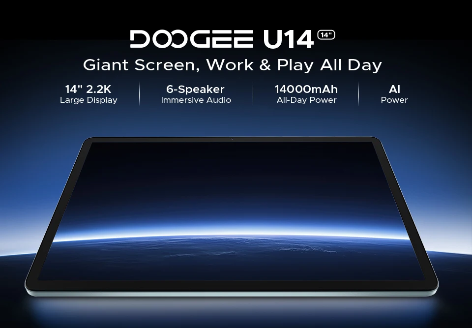 Doogee U14 Smart Tablet PC Android 16 14'' 2.2K Display 56GB(8+48) 256GB 14000mAh Battery Wifi 6 Gemini AI Widevine L1 Support