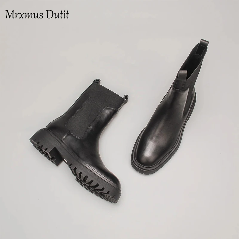 Mrxmus Dutit 2023 Autumn Winter New Fashion Women Genuine Leather Round Head Mid Heel Boots Simple Casual Shoes Female Chic