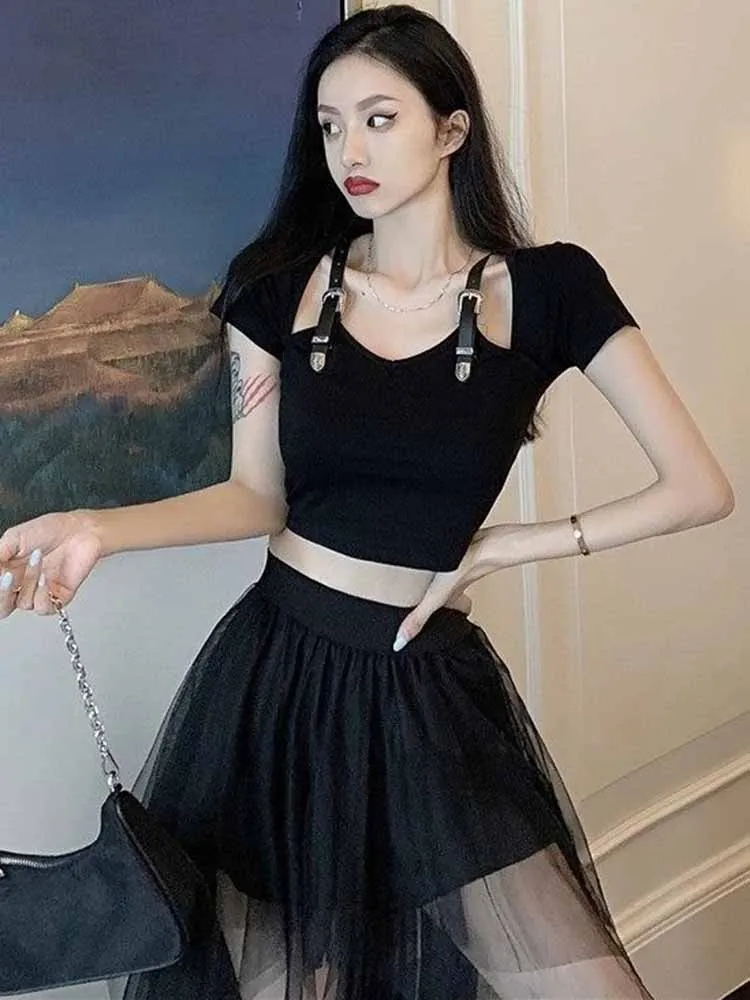 Women's Edgy Aesthetic Set Cut Out Detail Top Asymmetric Tulle Overlay Skirt Spring Summer 2026 Elegant Chic Outfit