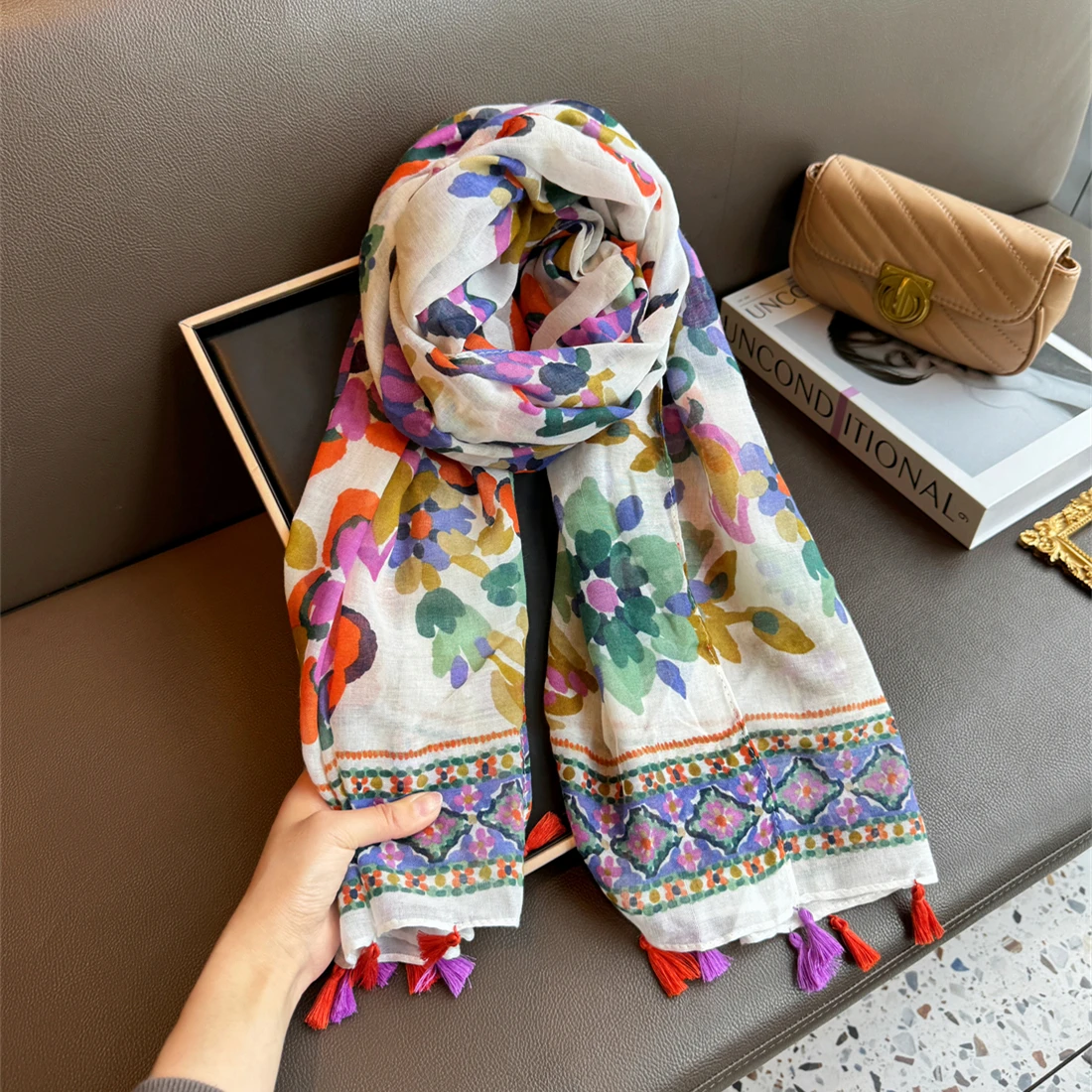 Women\'s cotton linen scarf 2024 summer new rectangular 180 * 80 flower pattern multifunctional outwear shawl fashion head scarf