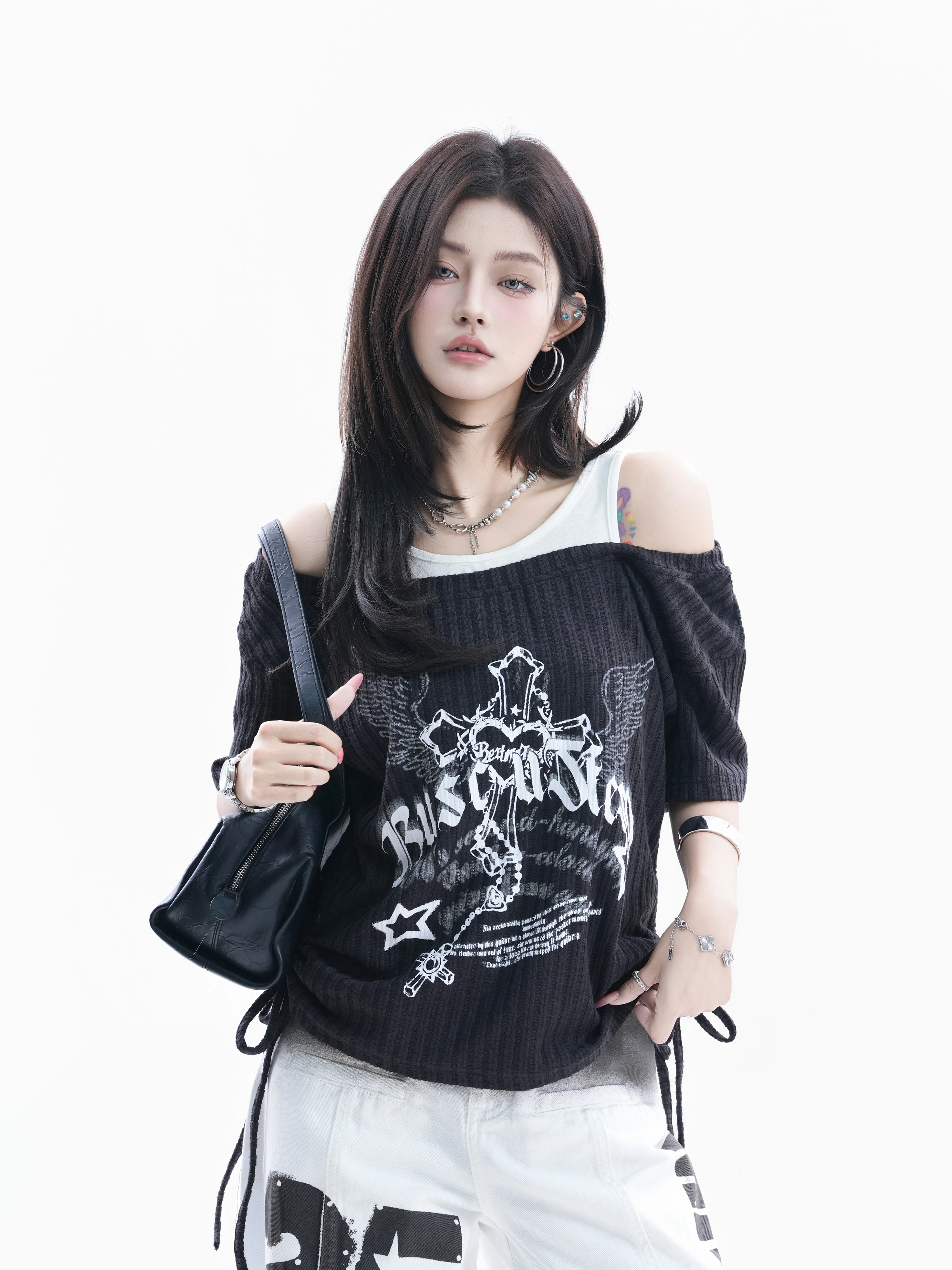 

American Style Spicy Girl Short Sleeve T-Shirt Women's Cross Print Drawstring Slimming Shoulder Baring Top Casual Loose Fit C...