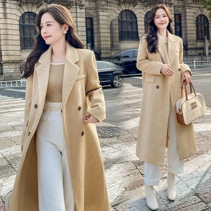 

Long Wool Blends Coat Women Streetwear Black Blazer Korean Quilted Woolen Jackets Autumn Winter Elegant Overcoat Thick Outerwear