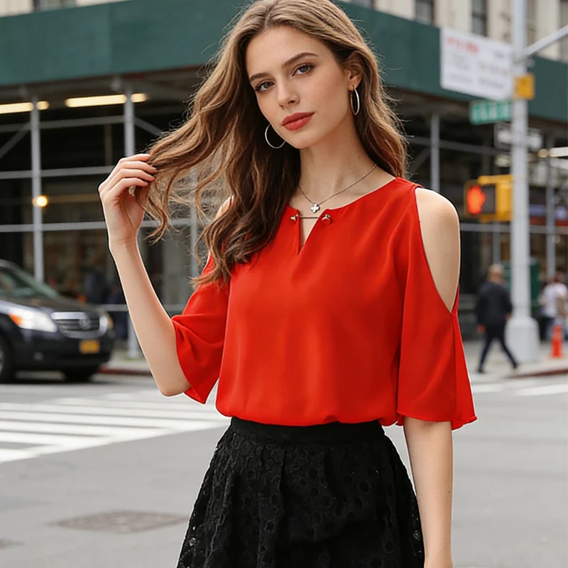 

Women's Solid Red Off Shoulder Blouse V Neck Flare Sleeve Casual Loose Chiffon Top Elegant Office Lady Shirt 2026 Summer Blouses